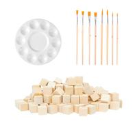 100 cubos de madera, 1 paleta, 8 pinceles de aceite, bloques de madera para manualidades, paquete de material de arte de madera, bloques de construcción, modelos de madera DIY, bloques de pintura