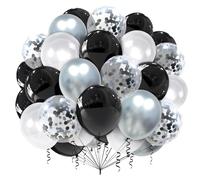 100 Globos Negros, Plata y Blanco de Látex - 12 Pulgadas Globos de Helio Con Confeti y Cinta para Cumpleaños, Baby Shower y Decoración Con Tema Negro
