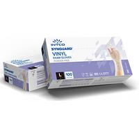 100 guantes de vinilo sin polvo, sin látex, hipoalergénicos, certificados CE transparentes según EN455 y EN374 para ensayos médicos desechables (Tamaño L)