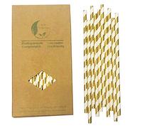 100 Pajitas para Bebida Desechables con a Rayas Doradas Metálicas, Biodegradable Pajitas de Papel Oro y Blanco para Bebida Fiestas, Bodas, Bricolaje, Fiesta Celebración