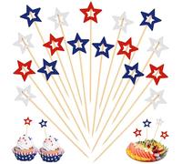 100 palillos de cóctel de estrella patriótica, palillos de cóctel de 4.7 pulgadas para el 4 de julio, rojo, blanco, azul, estrella, estrellas, bambú, palillos de dientes para el Día de la