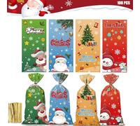 100 Pcs Bolsas de Celofan Navidad, Bolsas Para Chuches Navidad, Bolsitas de Regalos Transparente, Bolsas de Galletas Con 150 Pcs Lazos de Torsió, 27.5 x 13 cm