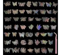 100 pegatinas de mariposas brillantes con 1 pinza rosa para codos, pegatinas holográficas impermeables y transparentes, pegatinas decorativas de resina PET para sobres, álbumes de recortes, diarios