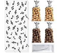 100 Pieces Music Notes Cellophane Goodie Bags Musical Theme Treat Bags Plastic Musical Party Candy Bags with Silver Twist Ties for Band Birthday Party Favor Supplies Dessert Pastry Decoration