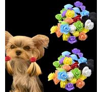 100 piezas (50 pinzas para el pelo + 50 lazos para el cabello), accesorios para el pelo de perro, hechos a mano, camelia de 1.4 pulgadas con banda de goma o clip de metal para el cuidado del pelo de