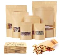 100 Piezas Bolsa Kraft Ventana Bolsas de Papel Kraft con Ventana Reutilizables Bolsa Kraft con Ventana Bolsas Ziplock Stand Up para Nueces Café Hojas de Té Especias Caramelo Flores Secas Guardar