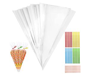 100 Piezas Bolsas Celofan Transparente, 25x13 cm Conos de Chuches para Cumpleaños Bolsas Transparentes para Regalos con 100 Lazos para Galletas Dulces Chocolate Navidad Boda Fiesta