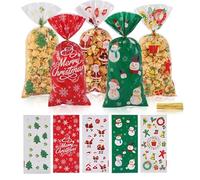 100 Piezas Bolsas de Celofan Navidad, Bolsa Transparente de Dulces de Galletas Navideñas, Bolsa de Regalo de Bolsa de Celofán de Navidad con 100pcs Lazos de Torsión (Merry Christmas - C)