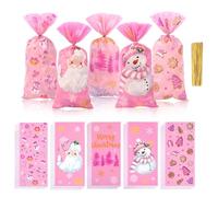 100 Piezas Bolsas de Celofan Navidad, Bolsa Transparente de Dulces de Galletas Navideñas, Bolsa de Regalo de Bolsa de Celofán de Navidad con 100pcs Lazos de Torsión (Merry Christmas - A)