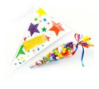 100 Piezas Bolsas Transparentes para Chuches, Conos Celofán con Estrellas y 100 Lzos Dorados, Bolsitas Pequeñas Bolsas Celofan Chuches Envoltura de Regalos, Galletas, Snacks de Fiesta y Golosinas