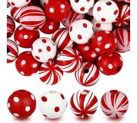 100 Piezas Cuentas de Madera Navideñas, 16mm Abalorios Madera Navidad Colores con Cuerda de Cáñamo, Bolas Madera Manualidades Redondas para Adornos de Navidad (Color-A)