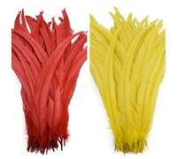 100 piezas de plumas de gallo de colores de 25 a 45 cm, accesorios de ropa, manualidades, decoración de joyas para el hogar, boda, color rojo y amarillo, 200 unidades de 30-35 cm