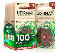 100 Pilas para Audífonos PR41 Tamaño 312 Marrones - Udirmax Zinc-Aire 1,45V Sin Mercurio con Tecnología Dynamic Sonar - Eco Pack 10 Blísteres Ecológicos de 10 Pilas