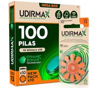 100 Pilas para Audífonos PR48 Naranjas Tamaño 13 Udirmax Batteries Zinc-Aire con Tecnología Dynamic Sonar Sin Mercurio 1.45V en Paquete Eco Pack 10 Blísters Ecológicos de 10 Pila