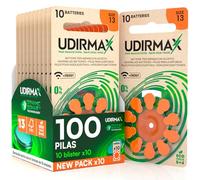 100 Pilas para Audífonos PR48 Tamaño 13 Naranjas - Pilas Zinc-Aire Udirmax 1,45V con Tecnología Dynamic Sonar - Formato Eco Pack - 10 Blísteres Ecológicos de 10