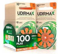 100 Pilas para Audífonos PR48 Tamaño 13 Naranjas - Pilas Zinc-Aire Udirmax Sin Mercurio 1,45V Tecnología Dynamic Sonar Formato Eco Pack - 10 Blísteres Ecológicos de 10