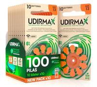 100 Pilas para Audífonos PR48 Tamaño 13 (Naranjas) Udirmax Zinc-Aire 0% Mercurio 1,45V con Tecnología Dynamic Sonar Eco Pack - 10 Blísteres Ecológicos de 10 Pilas
