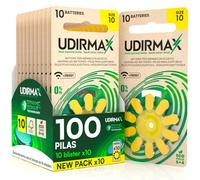 100 Pilas para Audífonos PR70 Tamaño 10 Amarillas - Pilas Zinc-Aire Udirmax Sin Mercurio 1,45V Tecnología Dynamic Sonar Formato Eco Pack - 10 Blísteres Ecológicos de 10