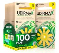 100 Pilas para Audífonos PR70 Tamaño 10 (Amarillas) Udirmax Zinc-Aire 0% Mercurio 1,45V con Tecnología Dynamic Sonar Eco Pack - 10 Blísteres Ecológicos de 10 Pilas