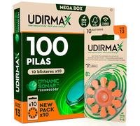 100 Pilas para Audífonos Tamaño 13 Udirmax Zinc-Aire Naranjas PR48 con Tecnología Dynamic Sonar Eco Pack - 10 Blísteres Ecológicos de 10 Pilas