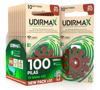 100 Pilas para Audífonos Tamaño 312 Udirmax PR41 Zinc-Aire Marrones con Tecnología Dynamic Sonar Eco Pack - 10 Blísteres Ecológicos de 10 Pilas