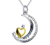 100% plata esterlina letra amarilla corazón Te amo hasta la luna y la espalda collar familiar personalizado de dos tonos collar 18 joyería de cadena de clavícula-Silver-One size