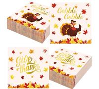 100 servilletas de cóctel de Acción de Gracias de 5 x 5 pulgadas, servilletas de papel de hojas de arce de pavo de 3 capas, servilletas desechables de doble cara para Acción de Gracias, cosecha de