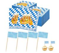 100 servilletas Oktoberfest y 100 palillos de dientes, decoración bávara azul bandera bávara decoración para Munich, tienda de cerveza, mesas decoradas