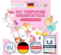 100 Tatuajes para pegar - tatuajes infantiles con animales del bosque, unicornios, sirenas, princesas y otros diseños adecuados para los niños - como regalo de cumpleaños o idea de regalo.