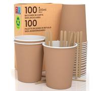 100 tazas de papel Havanna de 200 ml, con paletas desechables, para bebidas calientes y frías, tés ecológicos, tazas desechables biodegradables + 100 paletas de 11 cm de madera de abedul