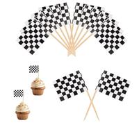 100 Uds Banderas a Cuadros, Blancas y Negras Minibanderines a Cuadros con Forma de Palillo Adornos para Cupcakes de Coches de Carreras Estampados a Doble Cara