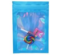 100 Uds. Bolsa con cierre de cremallera de papel de Mylar negro mate, orificio para colgar, muesca de desgarro reutilizable, bolsas de embalaje para almacenamiento de alimentos, azul holográfico, 8x13
