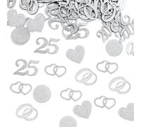 100 unidades de confeti de plata con purpurina, 5 estilos con número 25, número 2000, anillo, patrón de corazones y círculos, decoración de mesa de bodas de plata, para el aniversario de 25 años