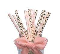 [100 Unidades] Pajitas de Papel Rosa y Dorado, Biodegradables Pajitas Desechables Brillantes Doradas Rosa para Fiestas Decoraciones de Cumpleaños- Varios Patrones
