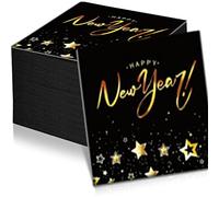 100 unidades, tamaño 33 x 33 cm, servilletas de papel Happy New Year, color negro, con texto en inglés "Happy New Year", color negro/dorado, decoración de fiesta de Año Nuevo