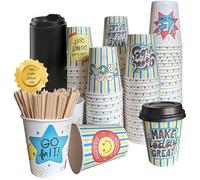 100 Vasos Desechables Café 200 ml Vasos café desechables de Cartón para Café,Té, Agua vasos de cafe para llevar con mensaje motivacional ( pack de 100 con tapas y paletinas)