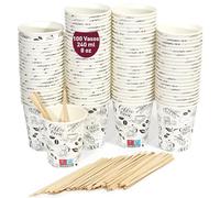 100 Vasos Desechables Café de Papel Cartón Blancos, 240 ml / 8oz - Vasos Resistentes y Elegantes para Bebidas Calientes o Frías, Perfectos para Oficina y Hogar. Incluyen Paletinas de Madera