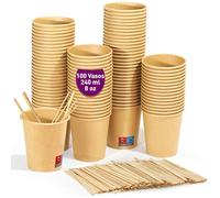100 vasos desechables kraft de 240 ml / 8 oz, vasos de cartón kraft desechables con paletinas de madera para café americano, café con leche y refrescos. Para llevar