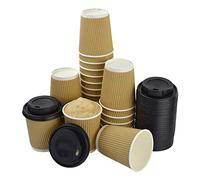 100 vasos térmicos de papel color habana de 250 ml + 100 tapas negras de plástico con boquilla, ideales para bebidas calientes como café, capuchino y chocolate.