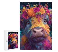 1000 PCS Rompecabezas Colorful Flower Crown Highland Cow Rompecabezas para Adultos Alivia El Estrés Interacción Entre Padres E Hijos Cumpleaños Y Navidad 1000 PCS
