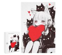 1000 PCS Rompecabezas para Adolescentes Cute Anime Neko Girl with Red Heart and Black Cats Rompecabezas para Adultos Juguetes Antiestrés Decoración De Pared Diversión Actividades En Casa, 1000 PCS