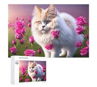 1000 PCS Rompecabezas para Adolescentes Fluffy Cat with Pink Roses Rompecabezas para Adultos Juego Familiar Análisis Y Lógica Regalos para Reducir El Estrés 1000 PCS