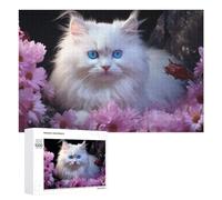 1000 PCS Rompecabezas para Adolescentes Fluffy White Cat with Blue Eyes Surrounded by Pink Flowers Rompecabezas para Adultos Juego De Ingenio Regalos para Mujeres Cumpleaños Y Navi