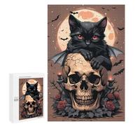 1000 PCS Rompecabezas para Adolescentes Halloween Black Cat on Skull Rompecabezas para Adultos Juego Práctico Desafío Difícil Cumpleaños Y Navidad 1000 PCS