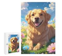 1000 PCS Rompecabezas Para Adolescentes Happy Golden Retriever Dog in Sunny Flower Meadow - Cute Anime Style Cartoon Dog Portrait Art Rompecabezas Para Adultos Juegos Divertidos Regalo De Cumpleaños R