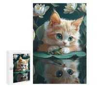 1000 PCS Rompecabezas para Adolescentes Kitten and Frog on Lily Pad Cornish Rex Cat Rompecabezas para Adultos Juegos De Relajación Decoración De Pared Ayuda A Ejercitar El Cerebro 1000 PCS