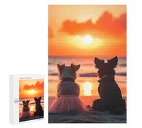 1000 PCS Rompecabezas para Adolescentes Lovely Couple Dogs Watching Sunset on The Beach Rompecabezas para Adultos Juegos Divertidos Regalo De Cumpleaños Cumpleaños Y Navidad 1000 PCS