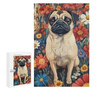 1000 PCS Rompecabezas para Adolescentes Pug in A Flower Field Pug Surrounded by Blooms Dog Wall Art Print Rompecabezas para Adultos Juegos Familiares Mejora La Memoria Regalos para Amigos Y Familiar