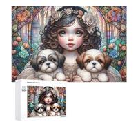 1000 PCS Rompecabezas para Adolescentes Stained Glass Girl with Puppies Rompecabezas para Adultos Juegos Familiares Regalo De Cumpleaños Diversión En Casa Actividades, 1000 PCS