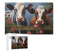 1000 PCS Rompecabezas para Adolescentes Two Cows Behind A Fence with Pink Roses Rompecabezas para Adultos Juego Práctico Desafío Difícil Cumpleaños Y Navidad 1000 PCS